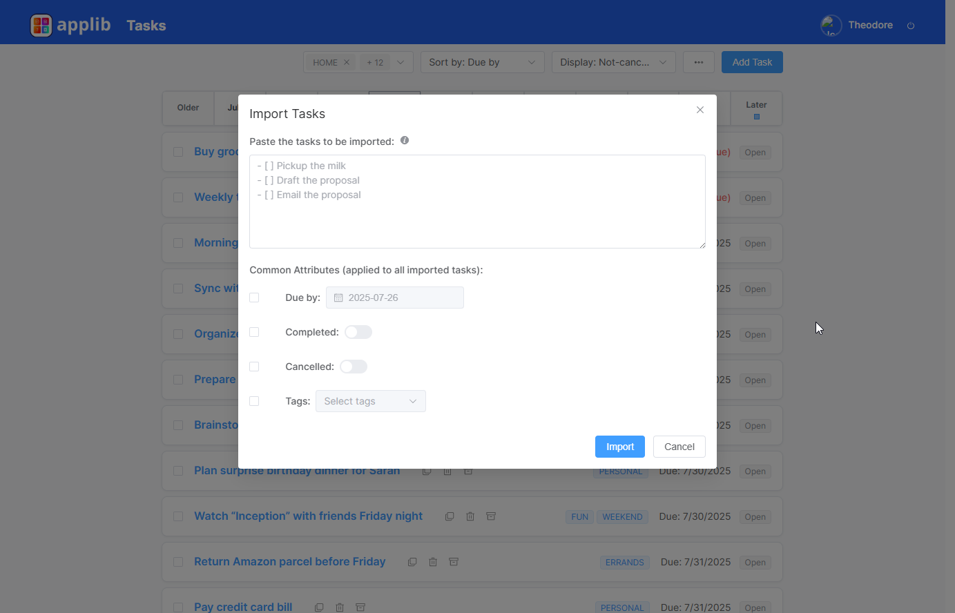 AppLib Tasks Import